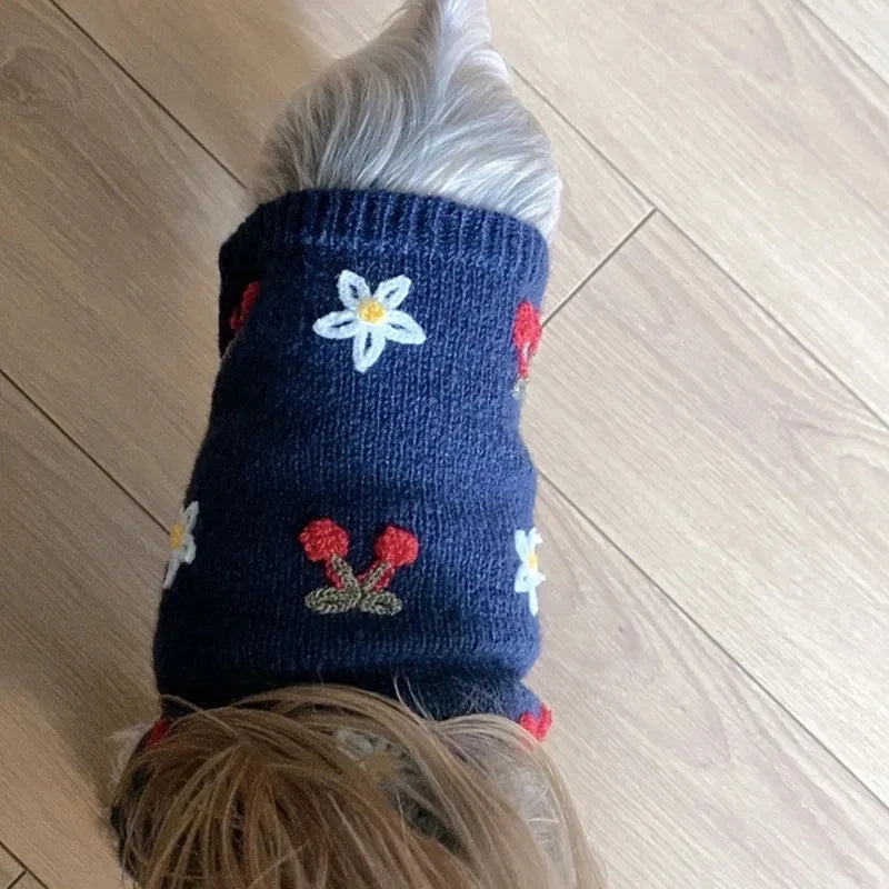 Embroidered Tulips Dog Clothes Pet Knit Sweater Poodle Pullover Puppy Warm Winter Clothes Bichon Christmas Gift