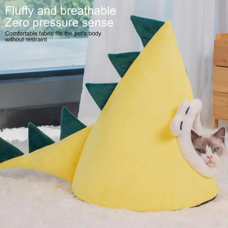 Soft Plush Cat Bed House Tent Cute Calming Cat Covered Nest Bed Pet Kitten House Dinosaur Shape Design For Pet Sleeping Relaxing