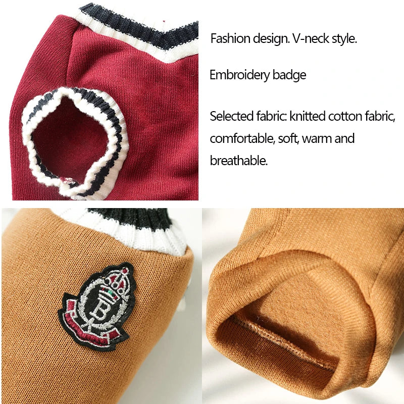 Dog Cat Sweater College Style V-neck Puppy Knitted Wear Winter Warm Pet Clothes for Small Large Dogs Cats French Bulldog Swaeter