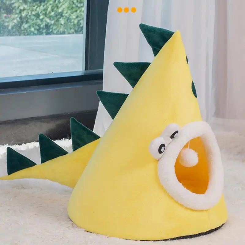 Soft Plush Cat Bed House Tent Cute Calming Cat Covered Nest Bed Pet Kitten House Dinosaur Shape Design For Pet Sleeping Relaxing