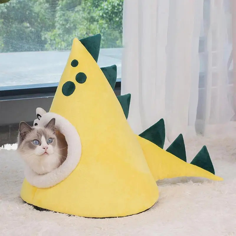 Soft Plush Cat Bed House Tent Cute Calming Cat Covered Nest Bed Pet Kitten House Dinosaur Shape Design For Pet Sleeping Relaxing