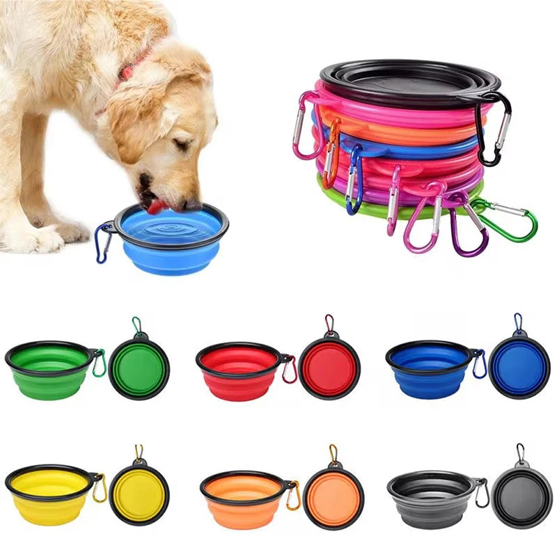 Folding Pet Silicone Dog Food Water Bowl Outdoor Travel Portable Dogs Feeder with Carabiner Puppy Food Container Dog Accessories