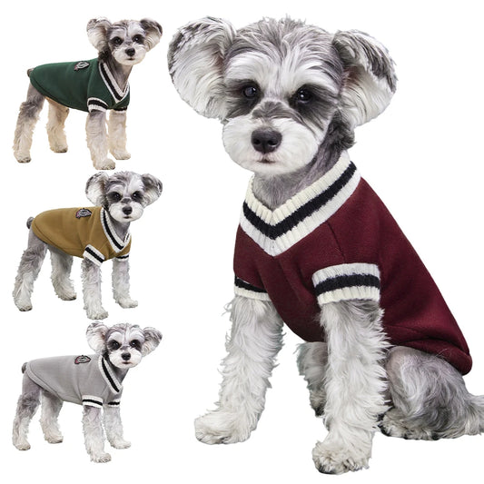 Dog Cat Sweater College Style V-neck Puppy Knitted Wear Winter Warm Pet Clothes for Small Large Dogs Cats French Bulldog Swaeter